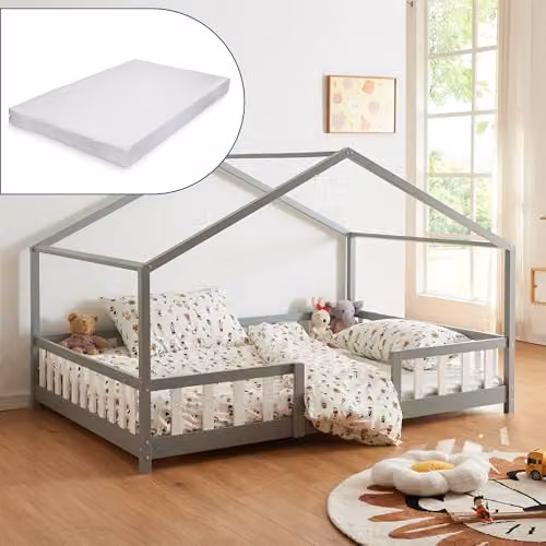 [en.casa] Letto a Casetta con Materasso 140x200 cm Grigio Chiaro/Bianco