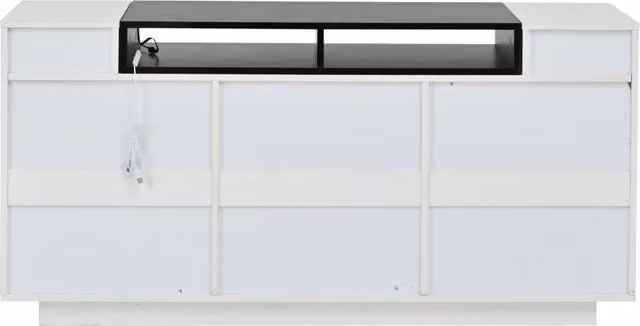 Sideboard da soggiorno 140x40x68 cm con 2 ante ad L, 3 cassetti e illuminazione LED, finitura bianco e nero lucida
