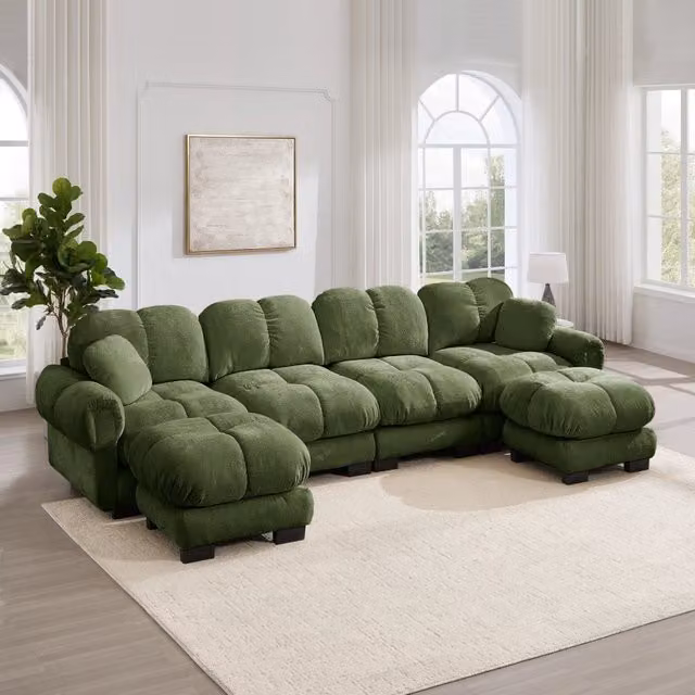 Divano modulare 330x149x90 cm con configurazione a U o a L e pouf mobili in ciniglia verde
