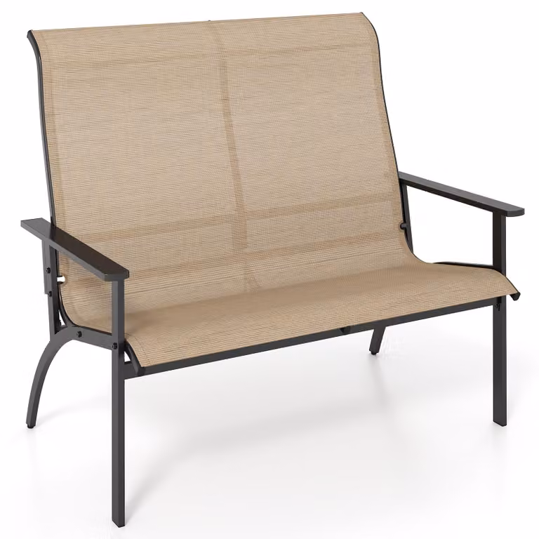 Panca da giardino, panca da esterno in metallo a 2 posti con schienale alto e braccioli, portata 300 kg, sedia Adirondack resistente alle intemperie, marrone e nera