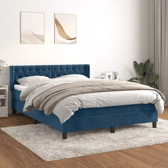 Letto Ibrido vidaXL con Giroletto a Molle e Materasso in Velluto Blu e Bianco L/P/H: 140 x 200 x 88 cm – 1
