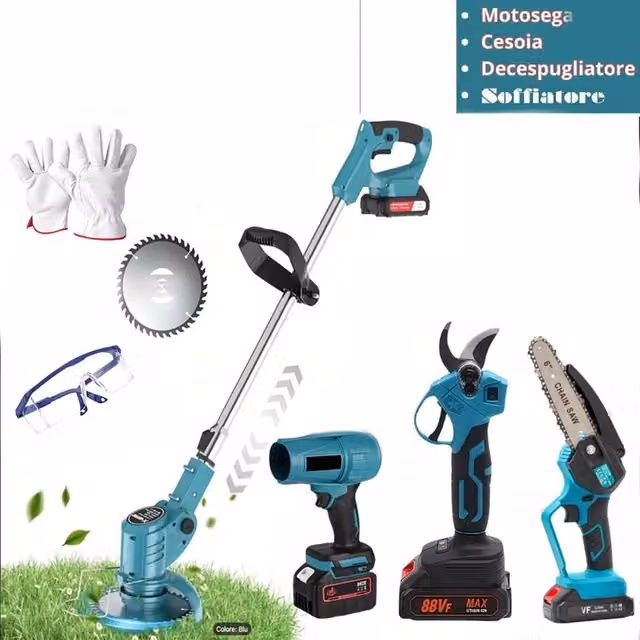 KIT GIARDINAGGIO 4 IN 1 MOTOSEGA CESOIA TAGLIARBA SOFFIATORE 2 BATTERIE 88V