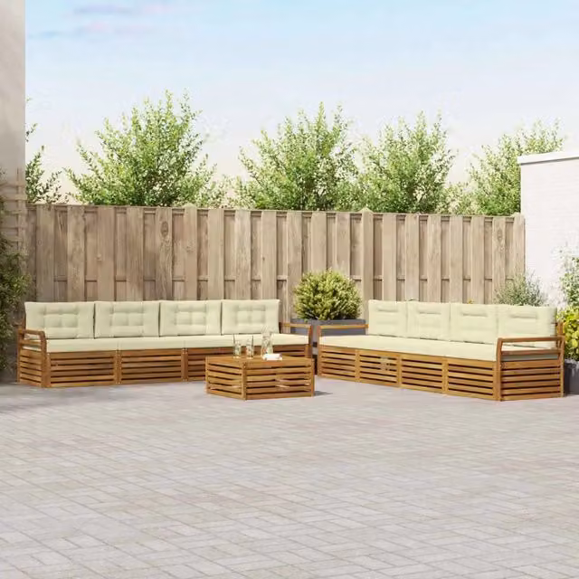 Set di divani da esterno a forma di U vidaXL in legno di acacia con cuscini beige e bianco e tavolino da giardino