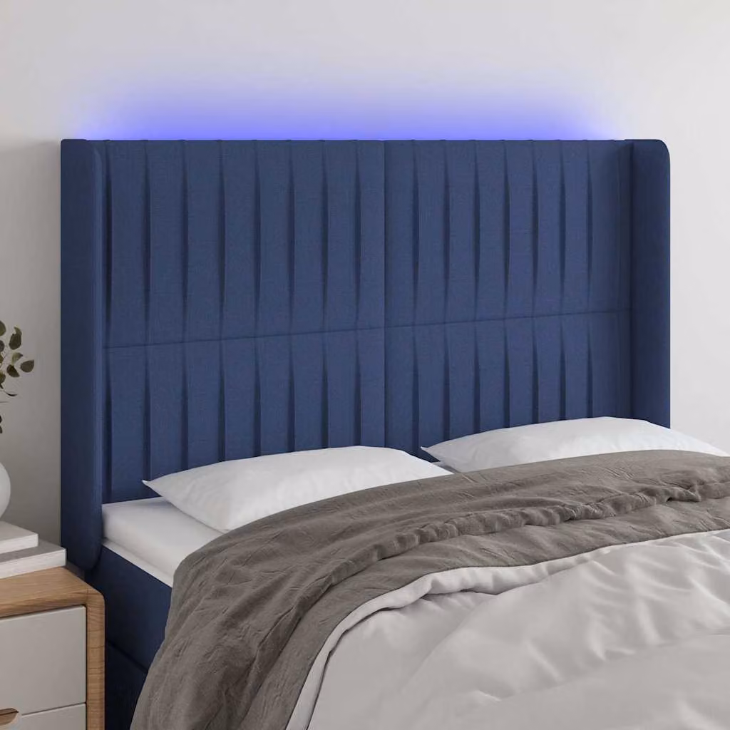 Testiera per letto vidaXL in tessuto blu con illuminazione LED e porta di ricarica USB, L: 147 cm, P: 16 cm, H: 118-128 cm – 1