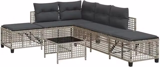 Set Salotto da Giardino ad Angolo in Polyrattan Grigio Antracite con Divano a 3 Posti, Elemento Angolare e Tavolino da Caffè con Cuscini in Tessuto Resistente ai Raggi UV – 1