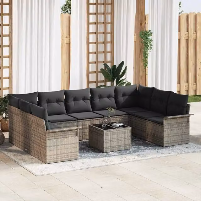 Set Divano da Giardino vidaXL a Forma a U in Polyrattan con Cuscini, Colore Nero e Grigio
