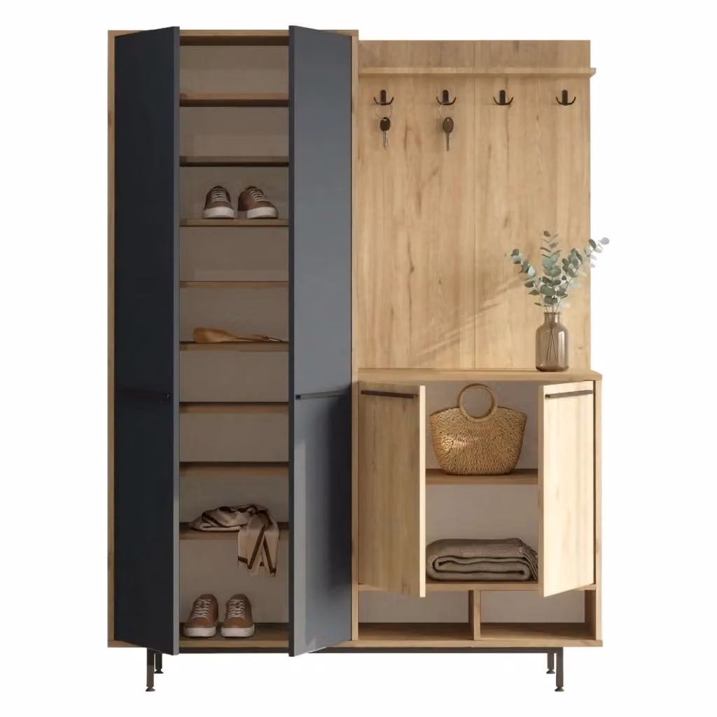 DMORA Tignale Mobile da Ingresso Moderno con 12 Ripiani e Appendiabiti, L: 147 cm, P: 36 cm, H: 196 cm, Nero Antracite – 2