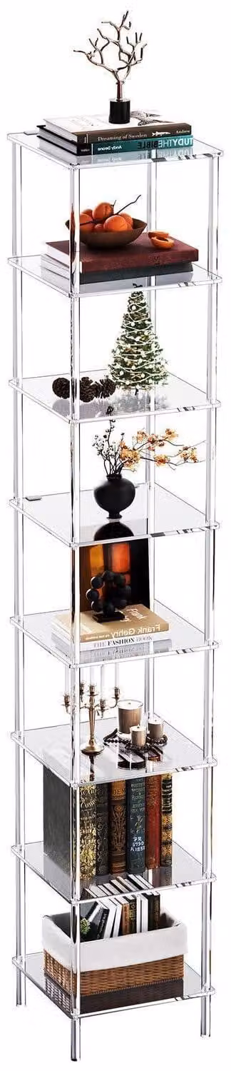 Scaffale angolare in acrilico, stretto, verticale, con 8 ripiani, dimensioni 32 x 33,4 cm