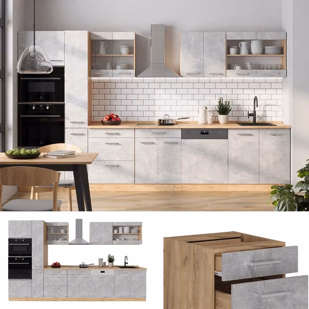 Cucina completa moderna R-Line Vicco in Calcestruzzo e Rovere dorato, L: 350 cm – 2