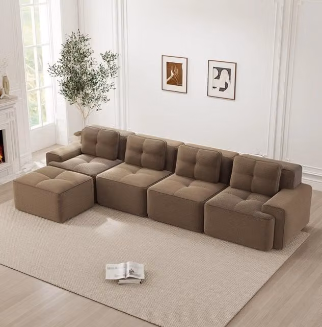 Divano modulare 4 posti con chaise longue in velluto a coste marrone HOMVRA