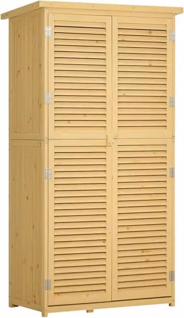 Casetta Attrezzi Giardino in Legno di Abete e Pino con 4 Scompartimenti, Armadio da Esterno Porta Attrezzi da Giardino con Tetto Impermeabile, 87x46.5x160cm, Color Legno