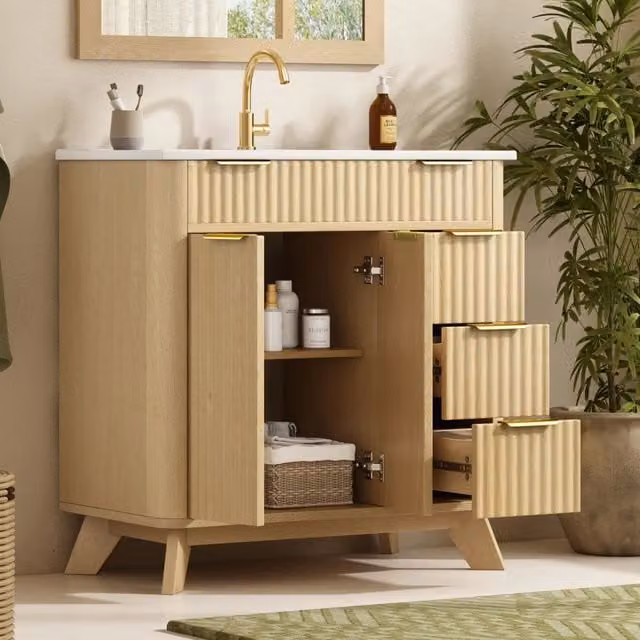 Mobile bagno con lavabo 81x47x90 cm con 3 cassetti e ante soft close in MDF e ceramica naturale
