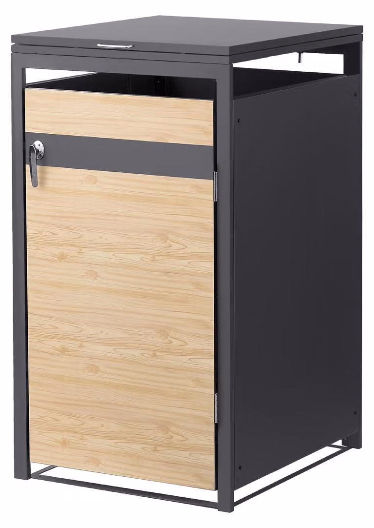 Contenitore per bidoni della spazzatura ML-Design, modello per 1 bidone da 1 tonnellata, capacità 240 litri, dimensioni 68x80x120 cm, finitura effetto legno di larice antracite, acciaio, resistente agli agenti atmosferici e con chiusura a chiave