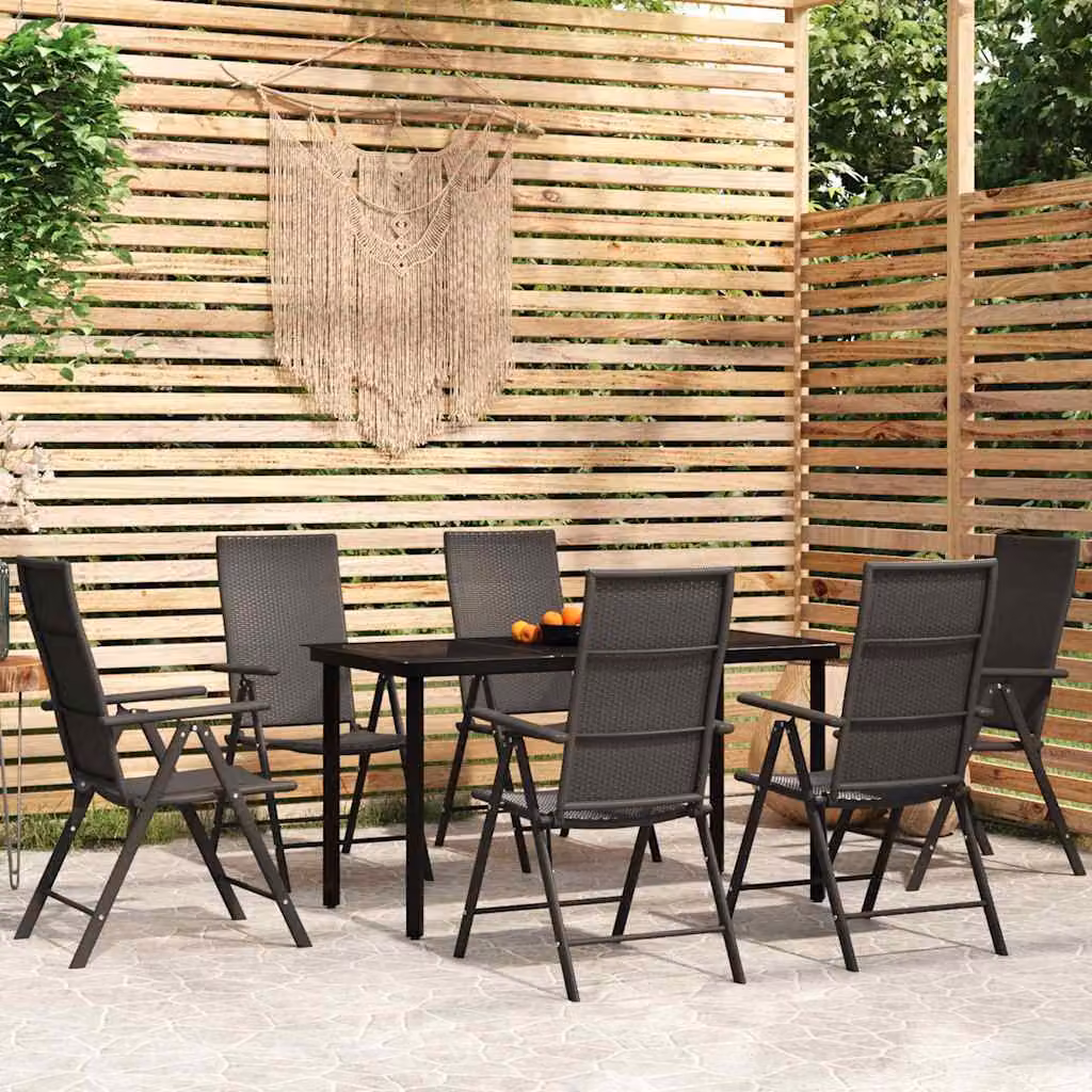 Set da Pranzo da Giardino Moderno vidaXL in Acciaio Verniciato Nero e Vetro, 7 Pezzi