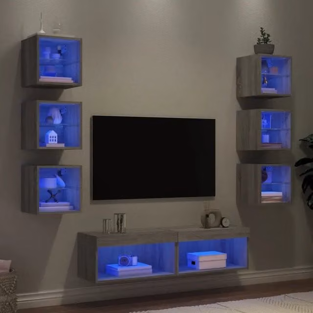 Mobili TV a Muro con LED 8pz-Set di 8 Credenza per TV sospesa Grigio Sonoma Legno Multistrato