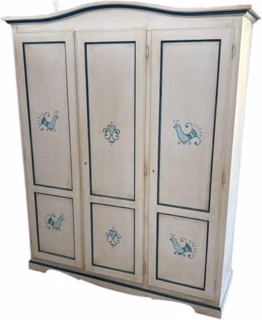 Armadio a 3 ante Mobili 2G in stile shabby chic bianco anticato con decorazioni floreali blu, L: 158 cm, P: 56 cm, H: 197 cm – 1