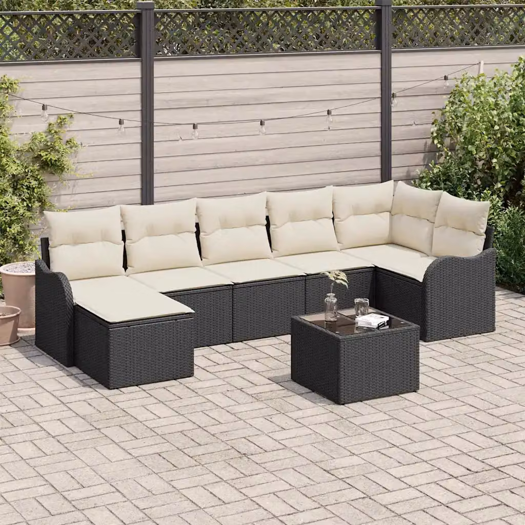 Set Divano da Giardino vidaXL 8 pz in Polyrattan Nero e Bianco con Cuscini e Tavolino – 1