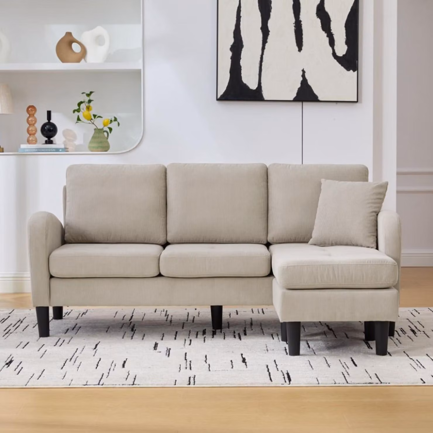 Divano angolare 166x118x77 cm, divano angolare modulare con chaise longue, rivestito in tessuto, gambe in plastica, 3 posti, ideale per soggiorno, appartamento e ufficio