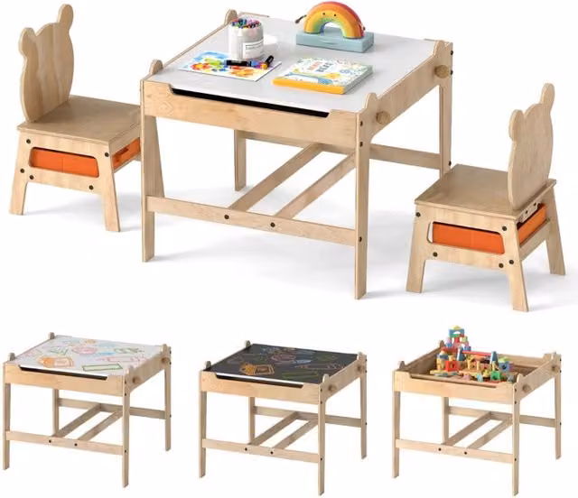 Set tavolo e sedie per bambini HELLOSHOP26 in MDF con vano contenitore, beige e bianco, L/P/H: 60 x 60 x 52 cm