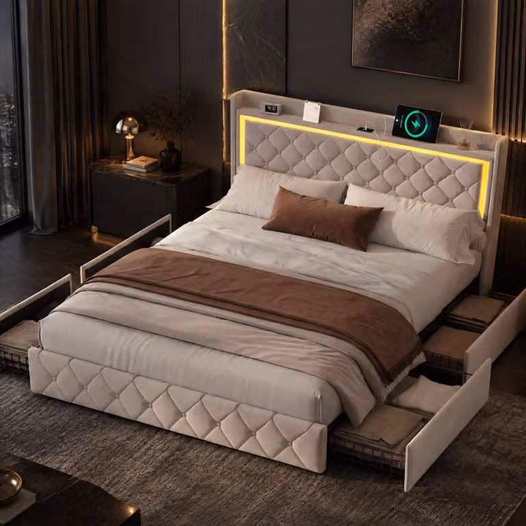 INONEFT, Letto contenitore 140x200 cm, letto con spazio contenitore, 4 cassetti, letto imbottito con LED e USB, struttura letto matrimoniale con rete a doghe, letto per ragazzi, in velluto