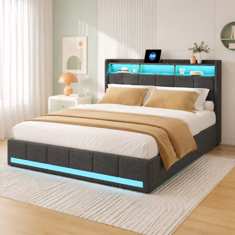 Letto imbottito INONEFT, 180x200 cm, tessuto in lino, colore grigio. Letto matrimoniale con 4 cassetti e illuminazione LED. Testiera con spazio contenitivo e porta USB Type-C. Letto funzionale per ragazzi, completo di rete