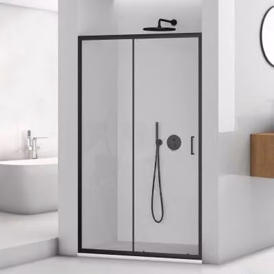 Porta doccia a nicchia Tay INBAGNO con vetro scorrevole nero opaco e trasparente L: 140 cm, H: 195 cm, P: 5 cm