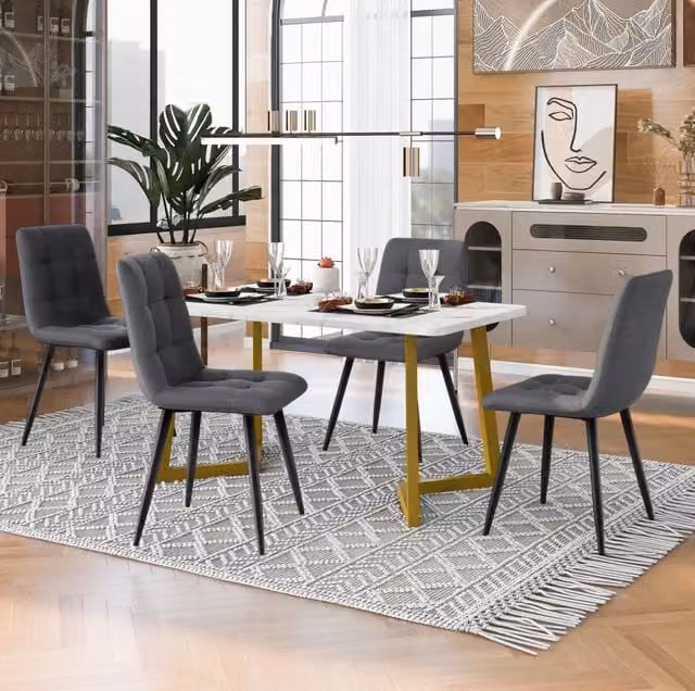 Set tavolo da pranzo rettangolare con 4 sedie; MDF grigio e rivestimento in lino