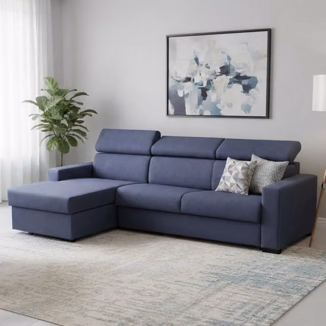 Divano Letto Aloet Talamo Italia con Penisola Sfoderabile e Poggiatesta Regolabile, Blu, L/P/H: 260 x 95 x 85 cm – 1