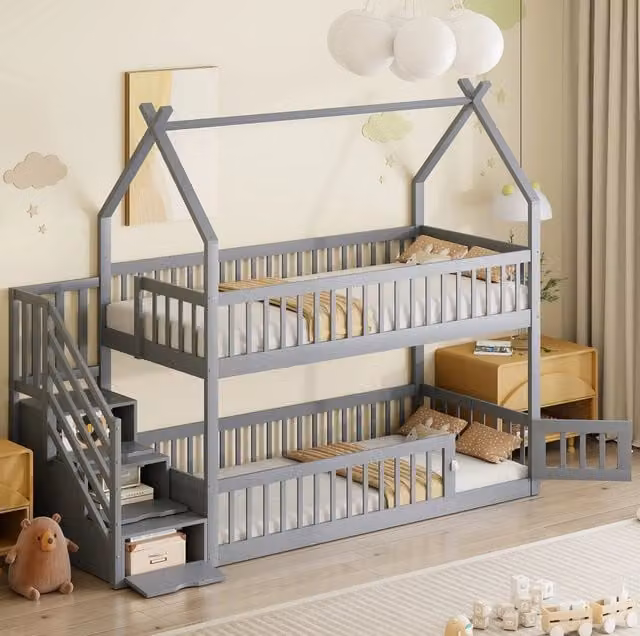 Letto a castello per bambini 90x200 cm in legno massello con tetto, scala di sicurezza e cassetti portaoggetti, colore grigio
