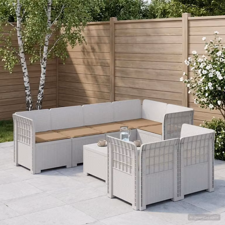 Set da giardino vidaXL a forma di U con 7 posti, in polyrattan bianco e cuscini beige con rivestimenti rimovibili