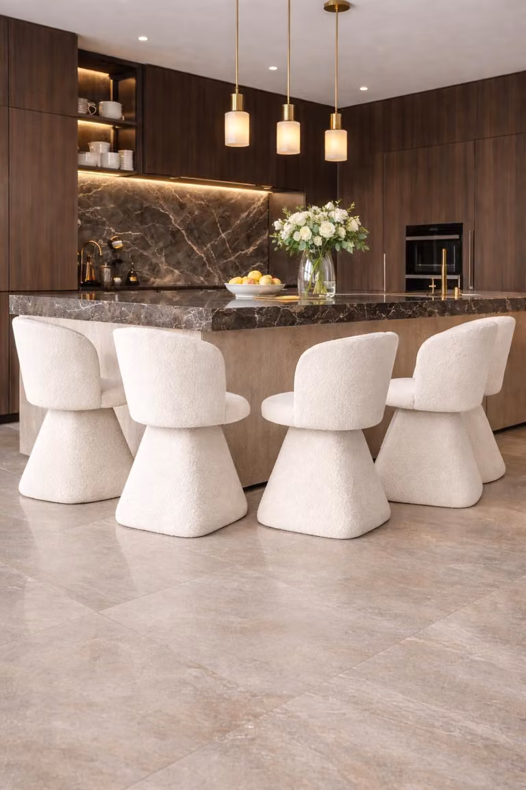 Quattro eleganti sedie in bouclé con base conica in stile moderno