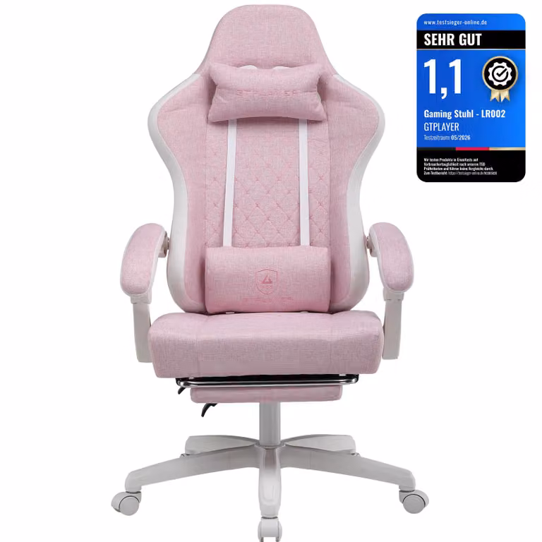 Sedia da gioco GTPLAYER in tessuto, poltrona da gioco con cuscini a molle insacchettate, sedia girevole ergonomica, sedia da gioco con poggiapiedi, portata massima 150 kg, rosa-bianca