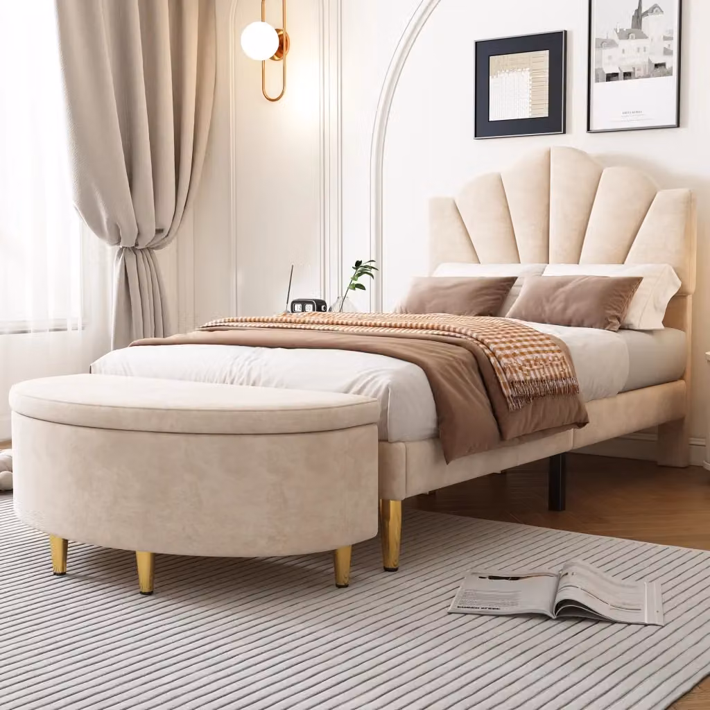 Panca contenitore OKWISH in velluto beige per ingresso e camera da letto, L 90 x P 40 x H 42 cm – 2