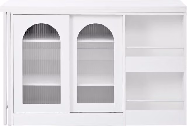 Tavolo da Bar Moderno Bianco con Ripiani, 360° Girevole e Estensibile, con Porta a Vetro e Spazio di Conservazione, per Cucina e Bar