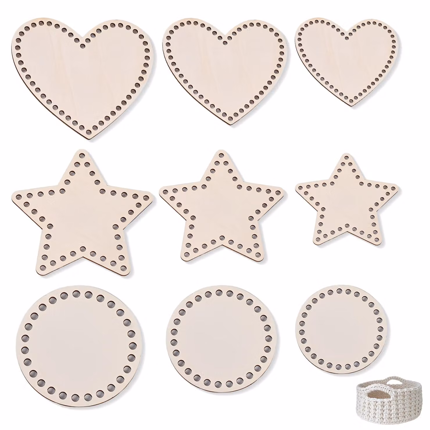Set di formine in legno, 9 pezzi, per la realizzazione di cesti all'uncinetto, a forma di stella, cuore e cerchio, nelle dimensioni di 10/15/20 cm
