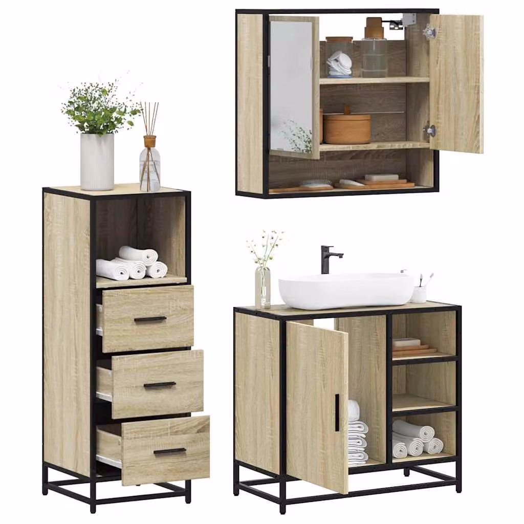 Set di mobili da bagno industrial vidaXL in legno e metallo, 3 pezzi, colore beige e marrone, L/P/H: 65 x 20 x 60 cm