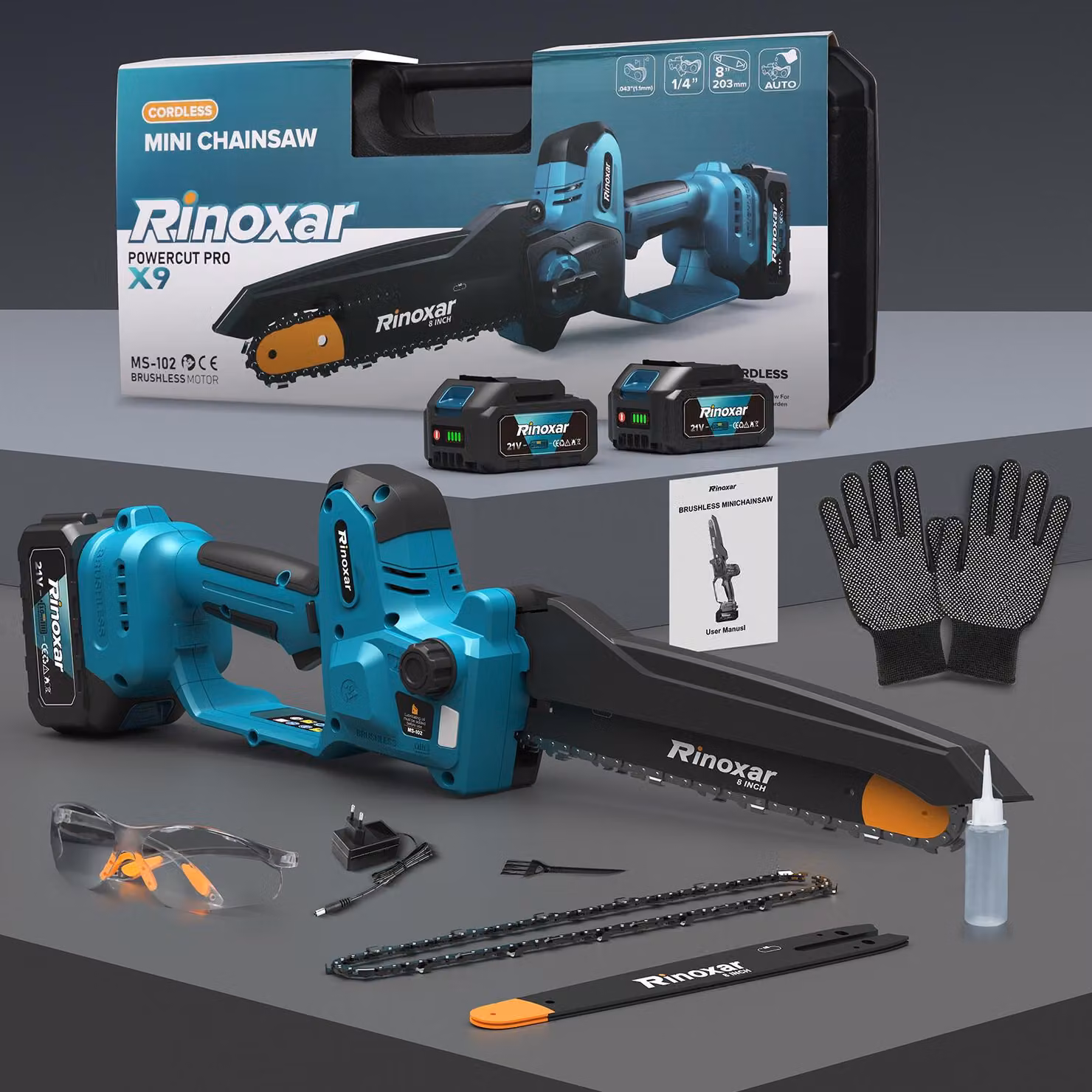 Seghetto a catena portatile 8" - 1300W senza spazzole - Autolubrificante - Batteria 20V 8000mAh - Per potatura alberi/bricolage