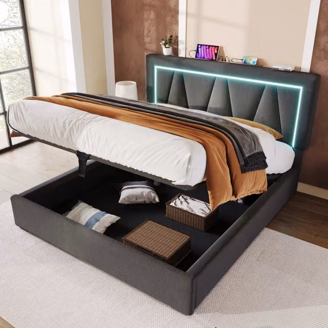 Letto matrimoniale contenitore 160 × 200 cm in lino grigio con LED USB e porta Type C testiera regolabile