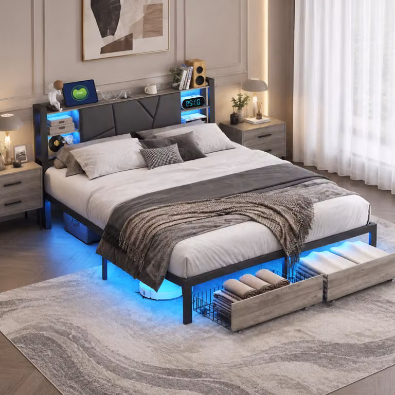 Letto matrimoniale in metallo INONEFT, 160x200 cm, con LED e USB, dotato di due cassetti, spazio contenitivo nella testiera e rete a doghe. Colore: nero. Ideale anche come letto per ragazzi