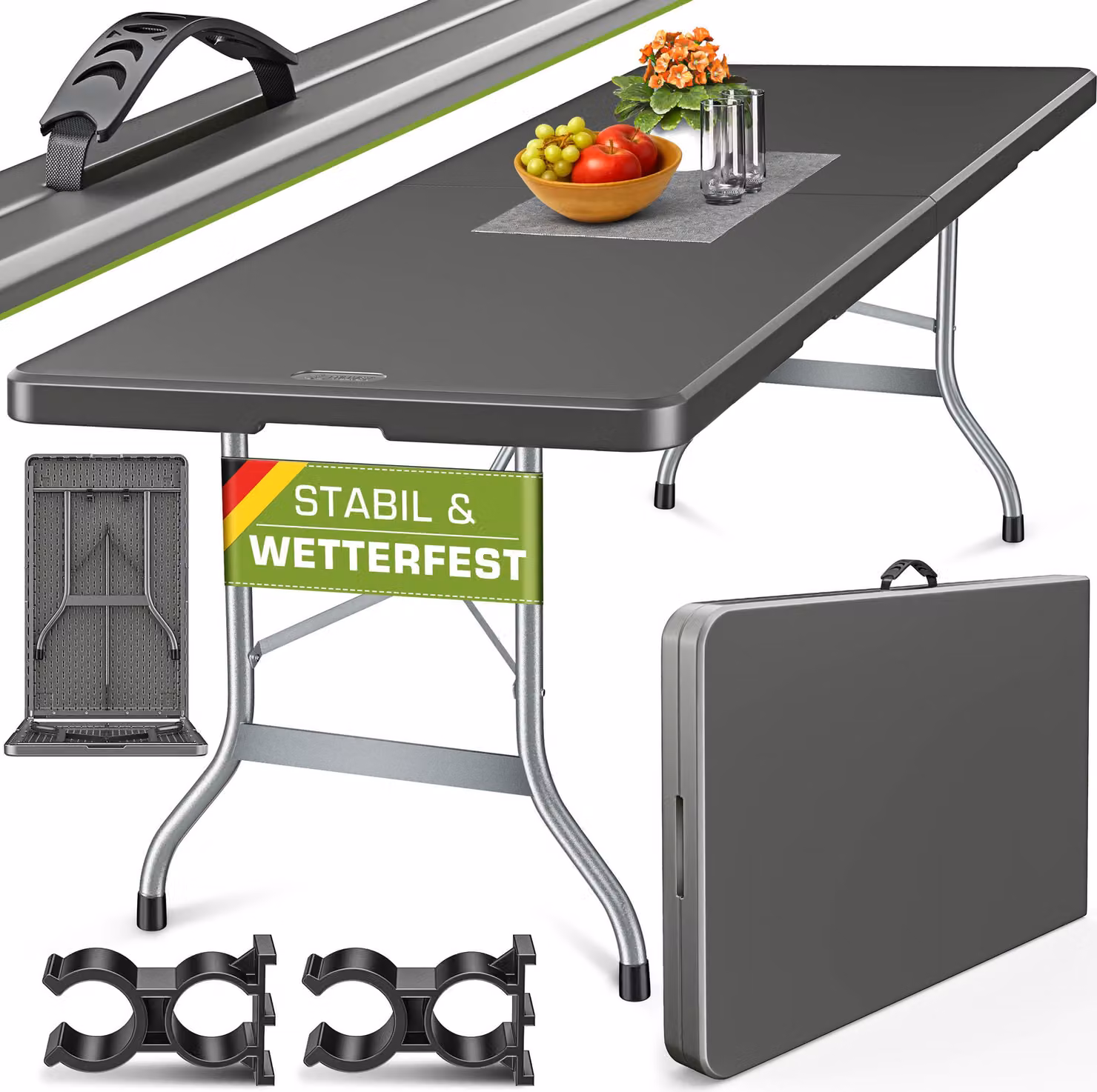 tillvex tavolo da giardino 220x70cm pieghevole in plastica antracite | tavolo da buffet con maniglia di trasporto | tavolo pieghevole per giardino, terrazza e balcone | tavolo da campeggio 10 persone