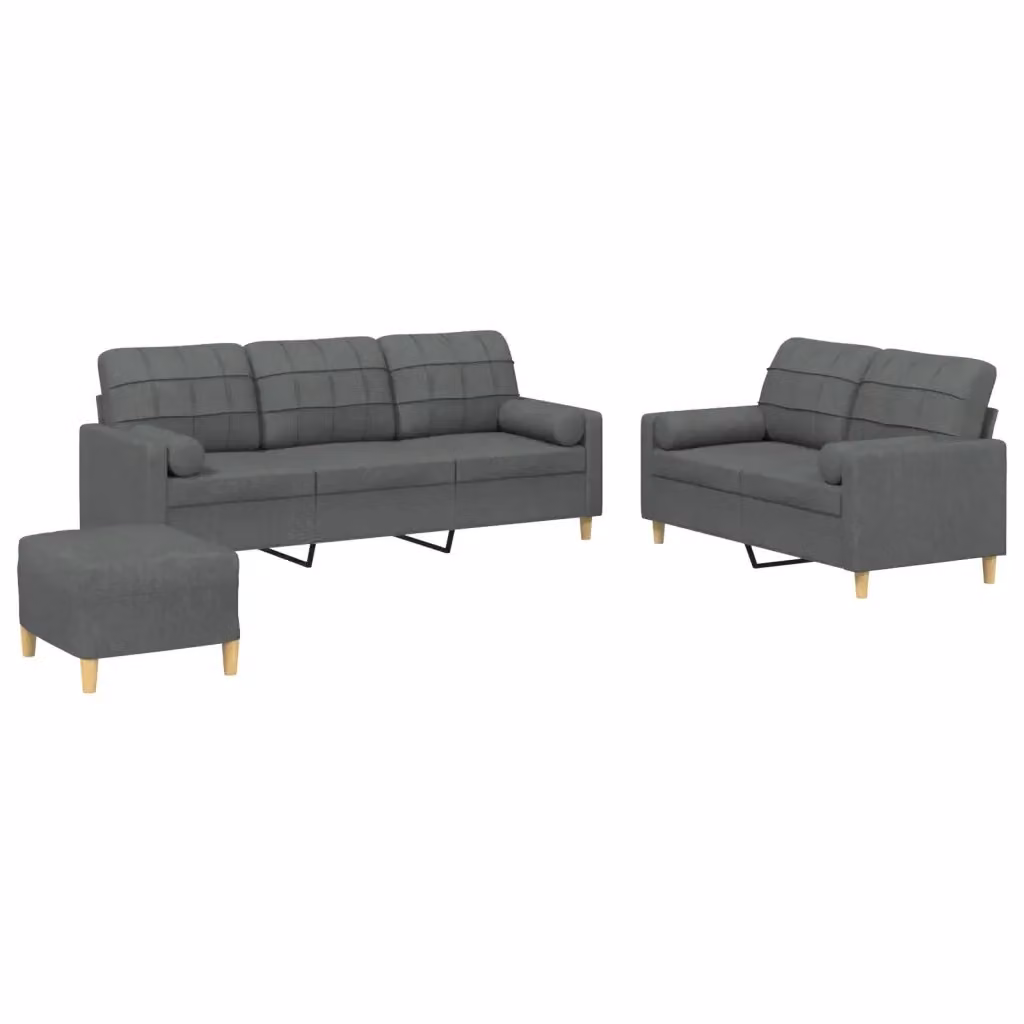 Set di divani moderno vidaXL composto da divano a 3 posti, divano a 2 posti e pouf, rivestito in tessuto grigio con cuscini inclusi – 2