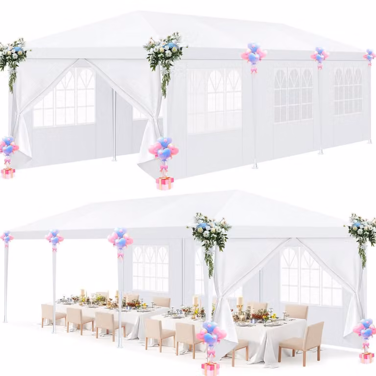 Tenda da festa 3x9 metri con 8 pareti rimovibili, impermeabile, stabile, di colore bianco