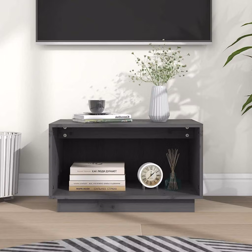 vidaXL Mobile Porta TV Grigio in Legno di Pino Massello L: 60 cm, P: 35 cm, H: 35 cm