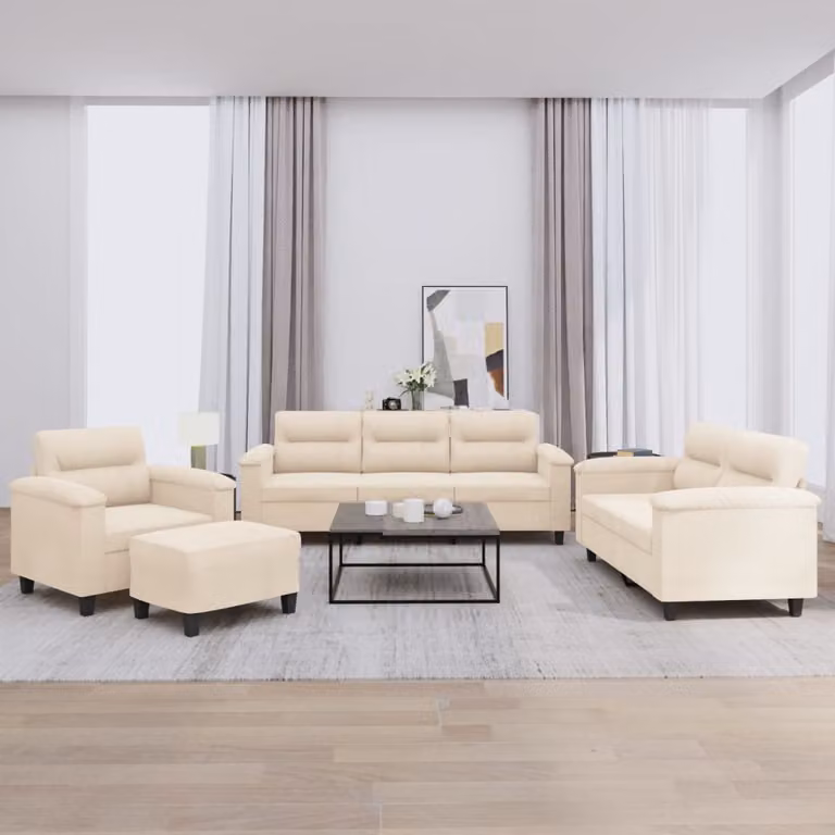 Set di divani vidaXL 4 pezzi in microfibra beige con cuscini e pouf per soggiorno