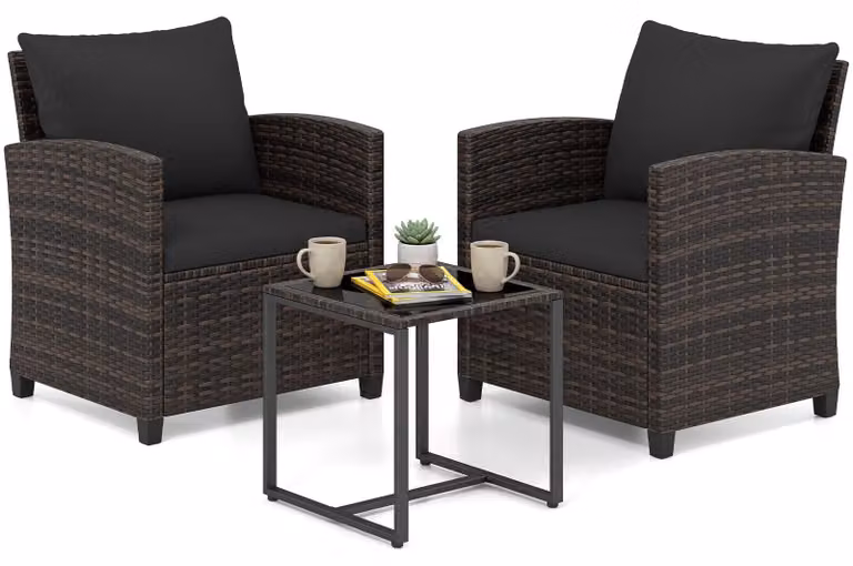Set di mobili da giardino COSTWAY in polyrattan, mobili da balcone con 2 sedie con cuscini e tavolo in vetro, set da balcone per 2 persone, salottino da esterno marrone-nero