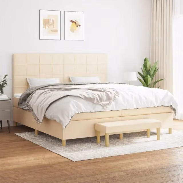 Letto Ibrido con Giroletto a Molle e Materasso vidaXL in Tessuto Beige e Bianco L/P: 200 x 200 cm, H: 128 cm