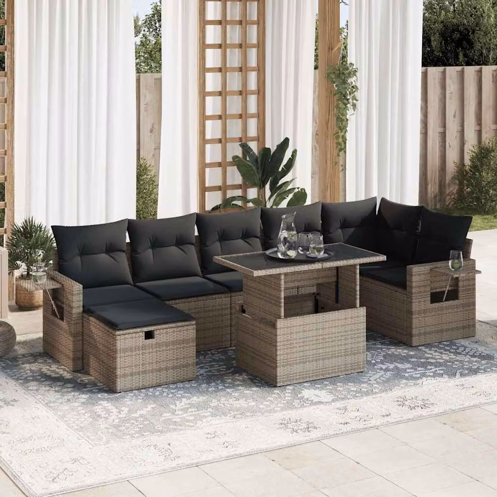 Set Divano da Giardino vidaXL 8 pz in Polyrattan Grigio con Cuscini e Tavolino da Esterno