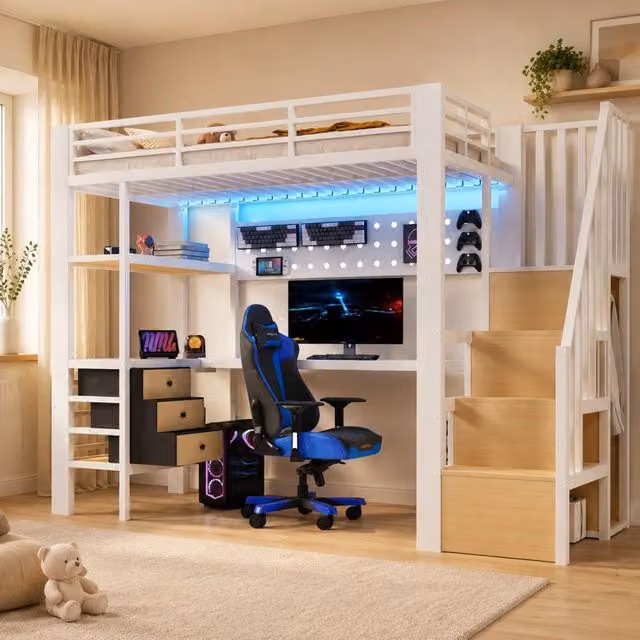 Letto a soppalco 90 × 200 cm con scrivania, 3 cassetti, presa e luce LED regolabile, senza materasso, bianco