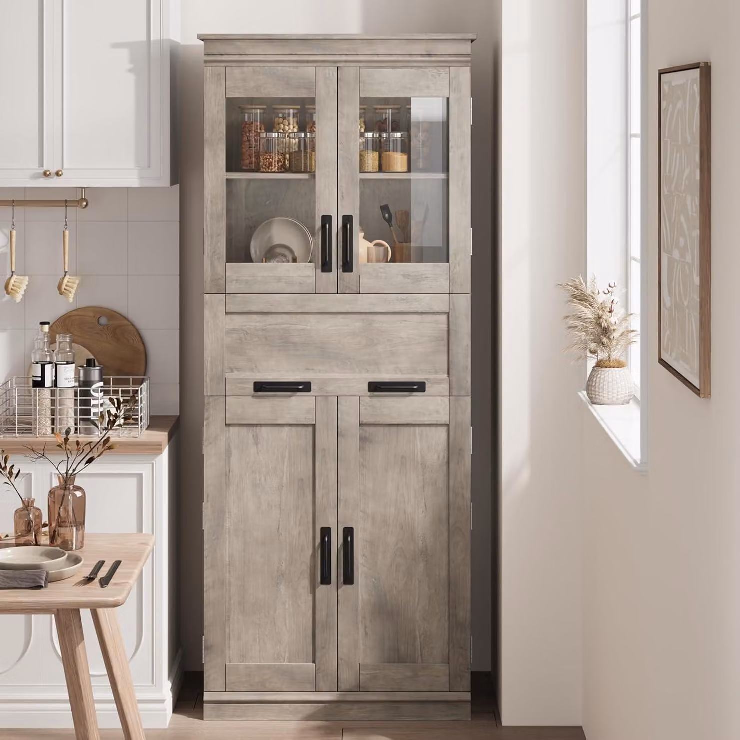 Armadio alto grigio, 170 cm, in legno, con 2 ante in legno, 2 ante in vetro e un cassetto estraibile