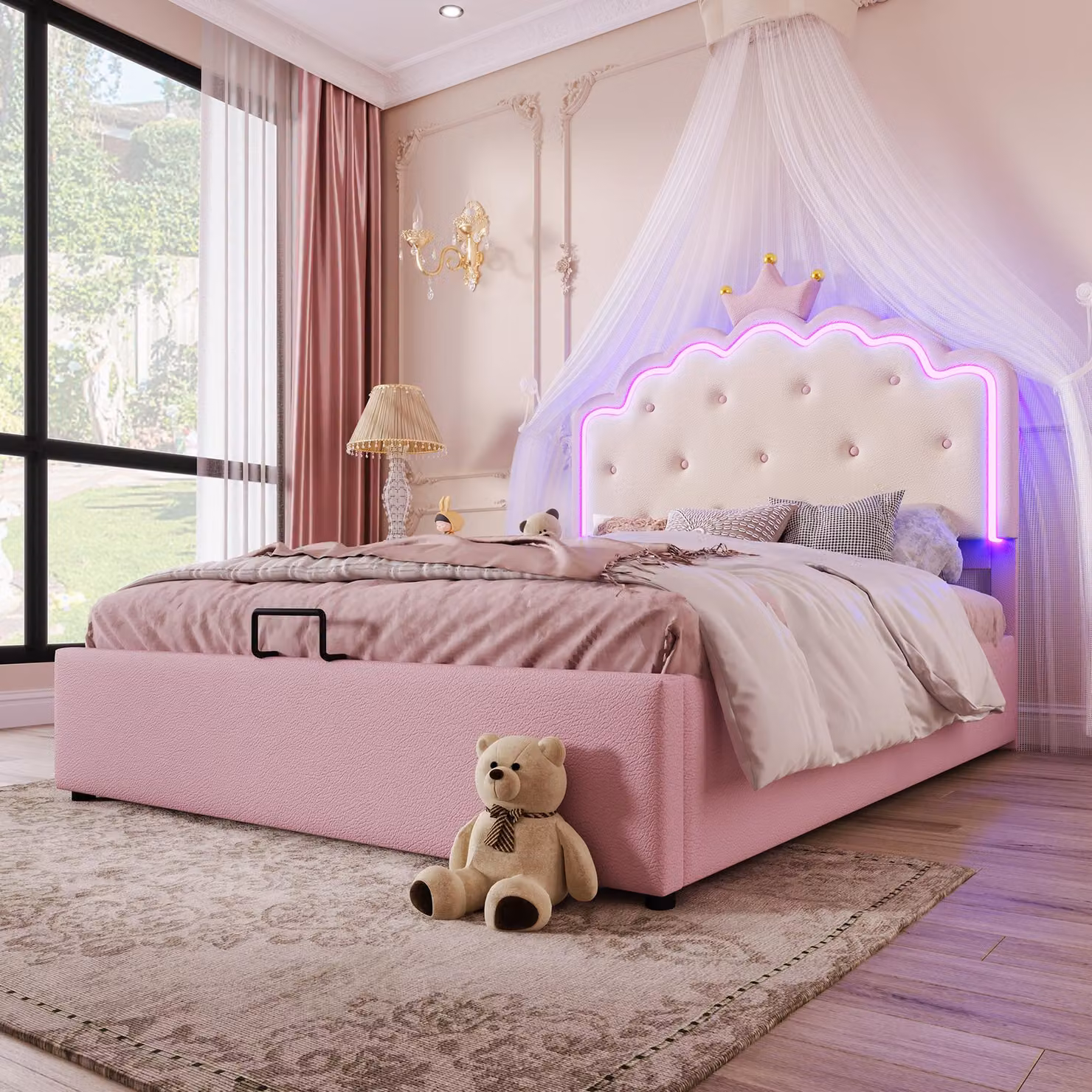 Letto imbottito STILVORA 140x200 per bambini senza materasso con rete a doghe, letto per ragazzi con rete APP-LED a luce ambiente,  a forma di principessa, rosa